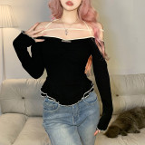 Women's solid color slim fashion neck sexy backless long-sleeved T-shirt