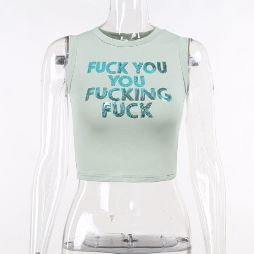 Sequin letter-printed round neck sleeveless vest casual Spicy Girls with navel