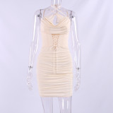 Fishbone dress mesh cut-out cross lace-up pleated backless mini skirt