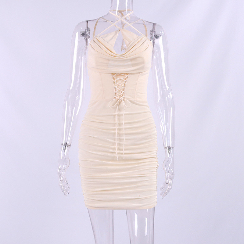 Fishbone dress mesh cut-out cross lace-up pleated backless mini skirt