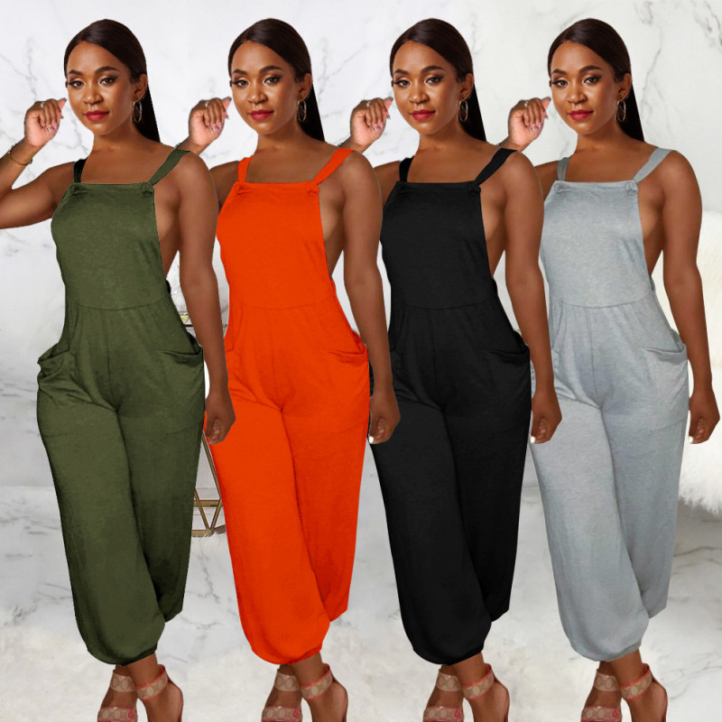 Lace-up sexy new women's dress solid color backless trend loose strap jumpsuit