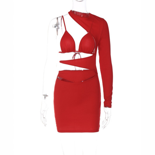 Sexy Spicy Girls Cut-out Slim Fit Waisted Solid Color Long Sleeve Wrapped Hip Dress