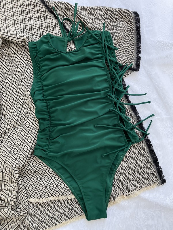 Lace-up sexy bikini solid pleated swimsuit