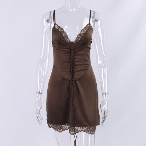 Sexy Satin Lace Patch V-Neck Lace-up Backless Dress