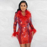Fashion V-neck sequin buttock wrapped long-sleeved party dress