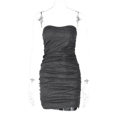 Fashion sexy V-neck bra with open back pleated dress