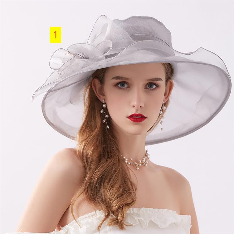 Solid color organza vintage flower top hat Women's summer mesh fisherman hat Sun protection foldable sunshade hat