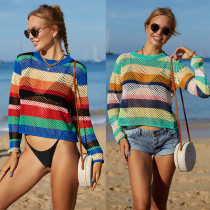 Rainbow panel cut-out bikini beach skirt knitted blouse
