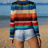 Rainbow panel cut-out bikini beach skirt knitted blouse