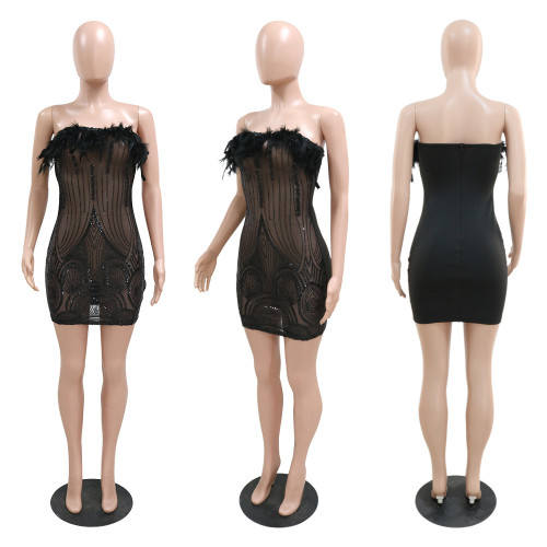 Fashion sexy one-shoulder see-through sequin dress