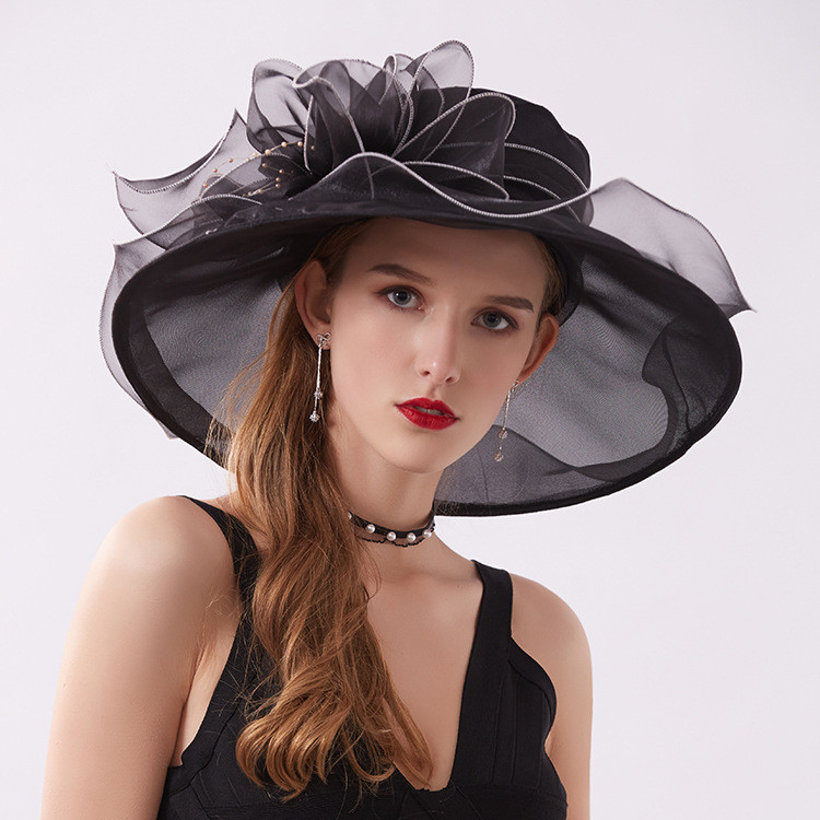 Black edging organza vintage flower top hat Women's summer mesh fisherman hat Sun protection foldable sunshade hat