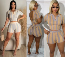 Women's fashion popular digital pit print sexy backless short sleeve two-piece set