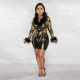 Fashion V-neck sequin buttock wrapped long-sleeved party dress