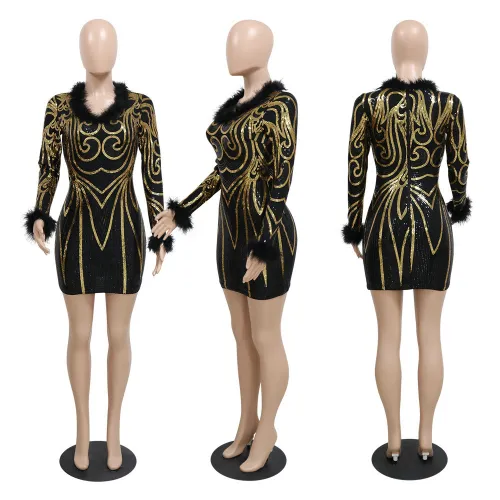 Fashion V-neck sequin buttock wrapped long-sleeved party dress