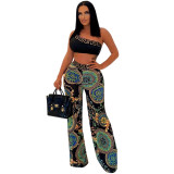 Fashion printed one shoulder sleeve short sexy top with loose wide leg pants