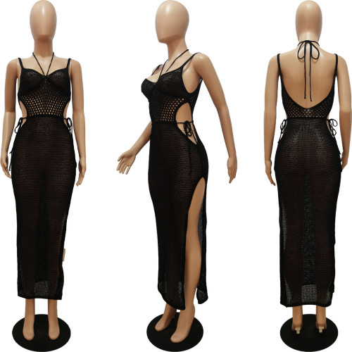Beach hand hook strap open back suspender neck mesh split sunscreen dress