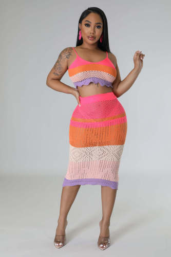 Women's fashion multicolor color-blocking woven beach skirt two-piece set