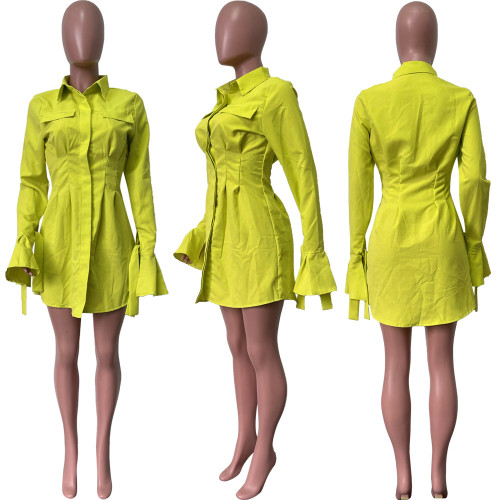 Lace skirt, solid color shirt collar, waist button, flared sleeve dress
