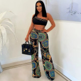 Fashion printed one shoulder sleeve short sexy top with loose wide leg pants