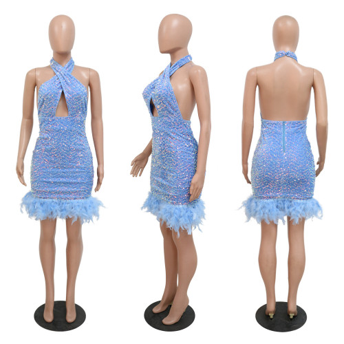 Fashion halter backless sequin dress sexy buttock skirt