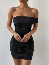 Dress Women's sexy off-shoulder pleated dress one shoulder short sleeve