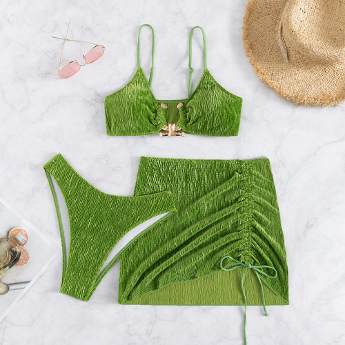 Wrinkle cloth special fabric bikini split three-piece swimsuit swimsuit