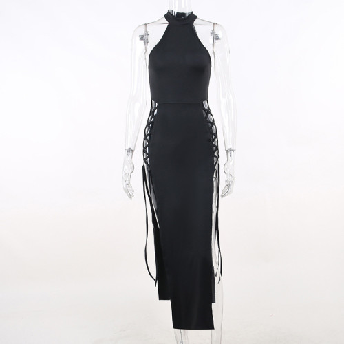 Slim Slim Spicy Girl Long Dress Sexy Hanging Neck Hollow Double Split Dress