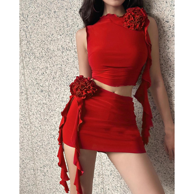 Temperament Slim Fashion Casual Women's Flower Top Wrapped Hip Short Skirt Spicy Girl Set