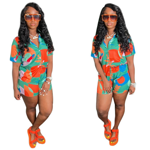 Fashion casual printed shirt short sleeve+shorts two-piece set