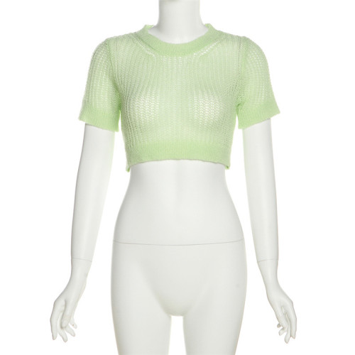 Round neck pullover short sleeve navel exposed perspective sexy slim knit T-shirt