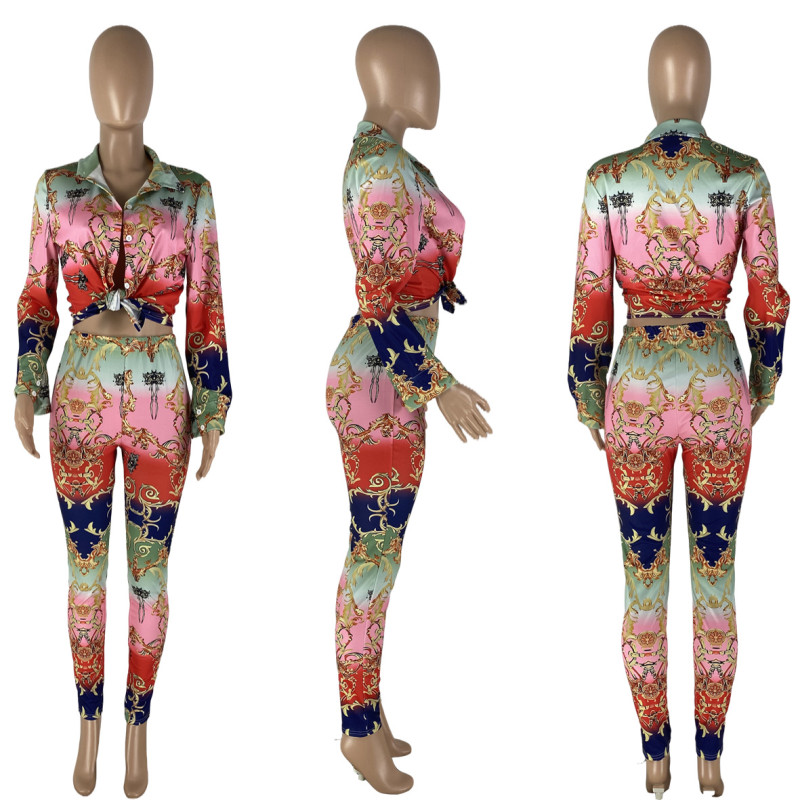 Long sleeve lace-up positioning printing two-piece set