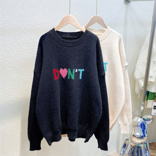 Colorful letter jacquard sweater slouchy loose versatile warm knit top