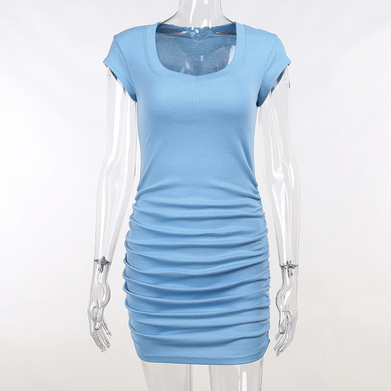Fashion casual pure color versatile short skirt design feeling shrink pleated slim wrap hip dress