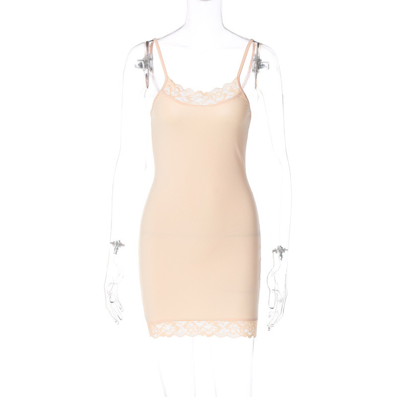 Women's versatile solid color suspender splicing lace wrap hip short dress