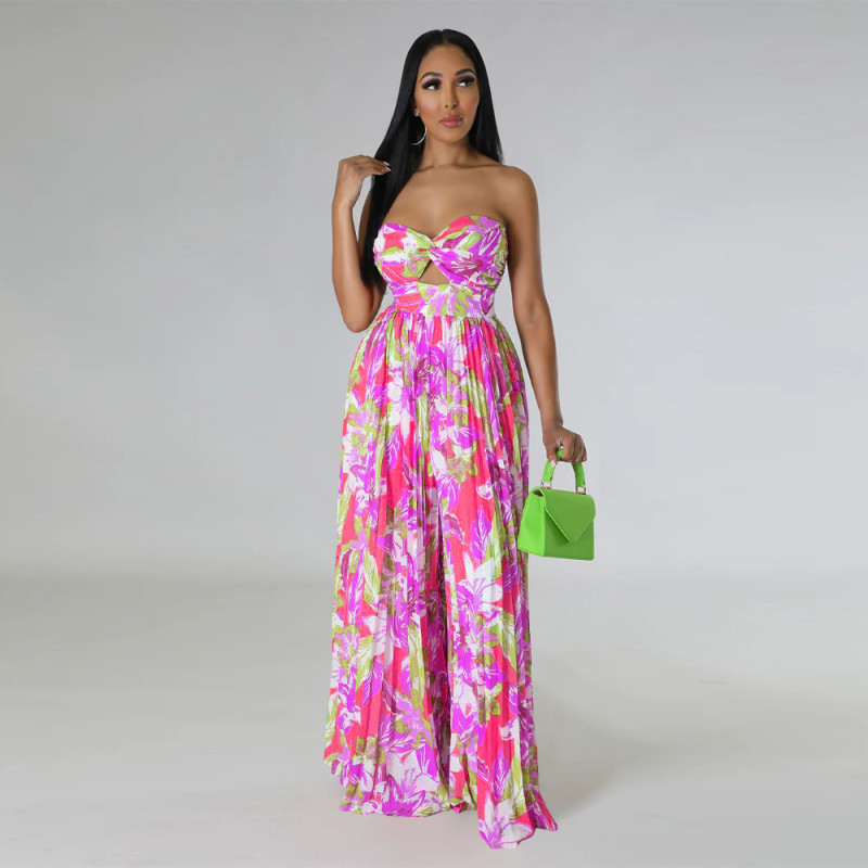 Sexy open back printed wide leg jumpsuit