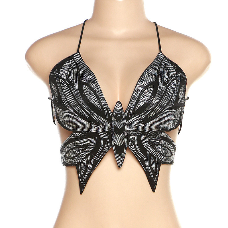 Women's nightclub fashion sexy backless lace-up butterfly hot diamond slim vest