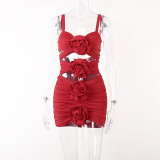 Temperament sexy slimming pleated Spicy Girl suspender dress three-dimensional flower lace cut-out dress