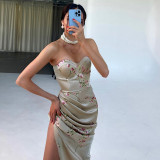 Print design shows chest and thin dress party style sexy slim fit bra split skirt