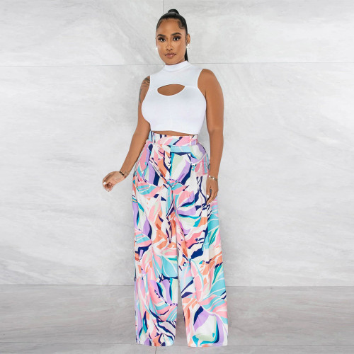 Sleeveless round neck short top printed wide leg pants two-piece set