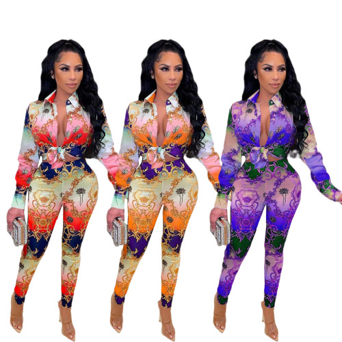 Long sleeve lace-up positioning printing two-piece set