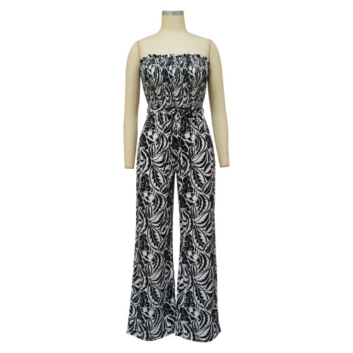 Women's sexy sleeveless open back printed wide leg jumpsuit