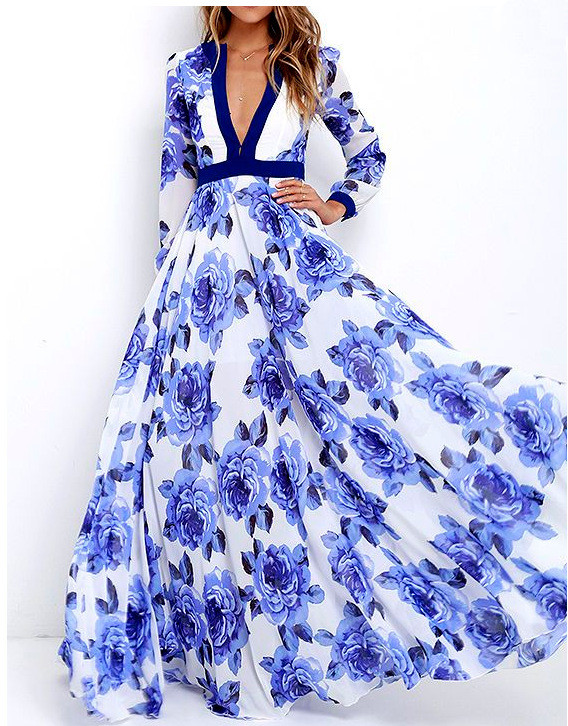 Women's dress flower blue and white porcelain V-neck printing large swing skirt