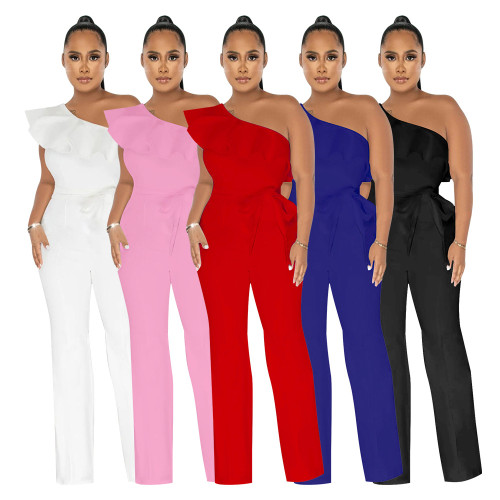 Wholesale of women's clothing Solid color ruffled jumpsuit with belt