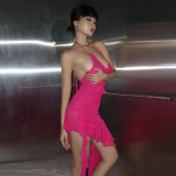 Fashionable sexy draped neck dress with solid color, slim fit, chest showing, hot girl, open backpack, hip skirt