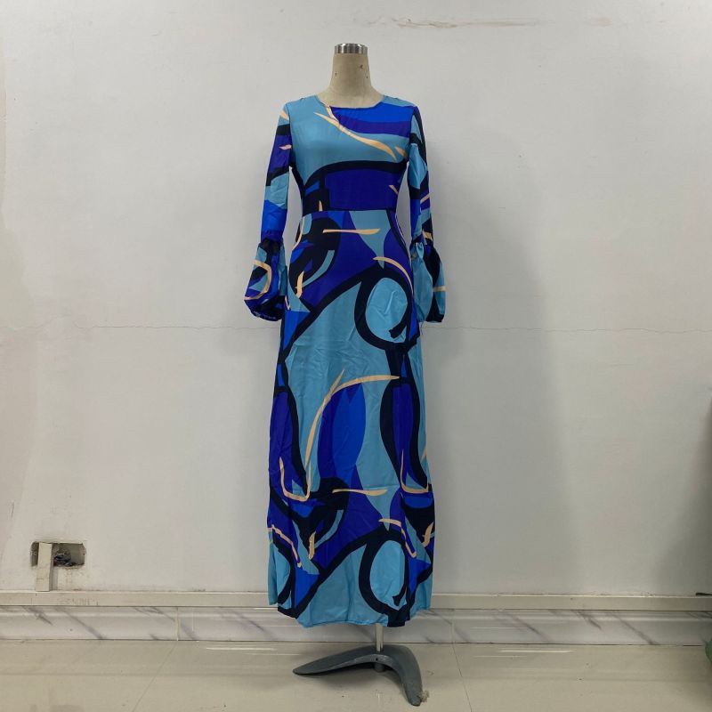 Blue Mid-raist Hepburn Style Commuter Dress Print Dress