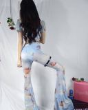 Digital printing mesh perspective flared trousers