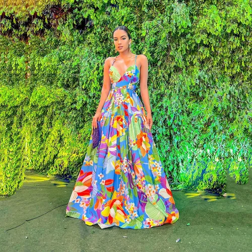 Dress Holiday Print Off Shoulder Large Strap Long Dress