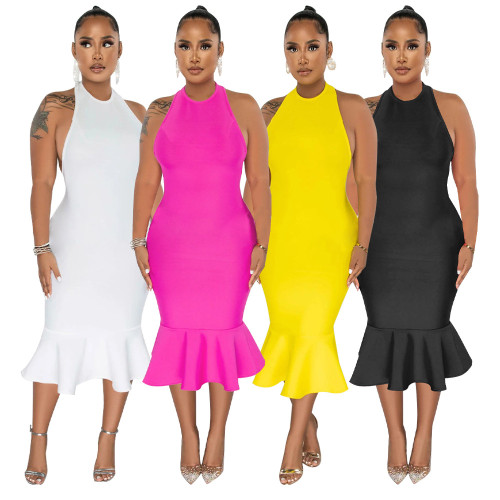 Solid color hanging neck dress with buttocks and fishtail skirt