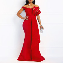 Irregular lace one-line neck handmade lotus leaf beaded slim dress