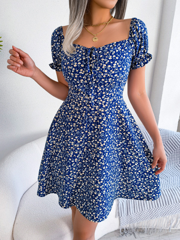 Flare sleeve drawstring lace-up floral hem dress